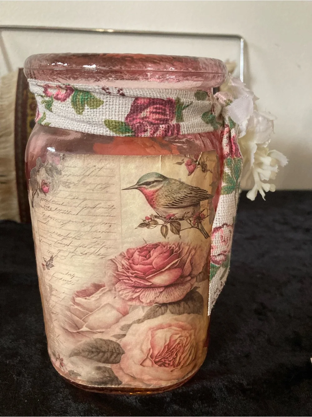 Handcrafted Pink Glass Decorative Flicker Light Jar with Floral Accent